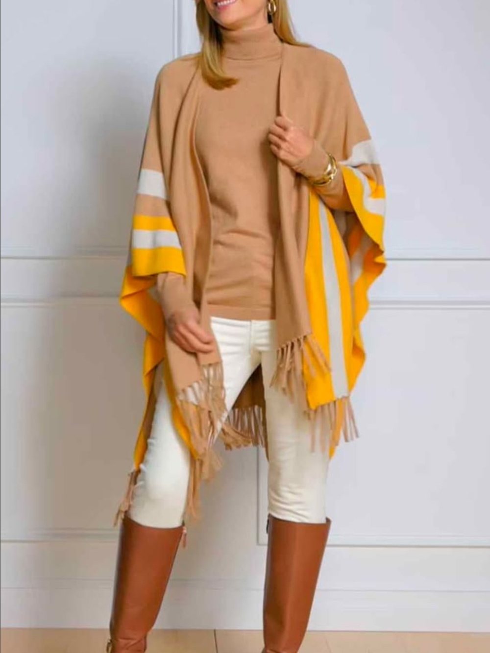 Talbots Camel Poncho with Yellow & White Stripe Trim